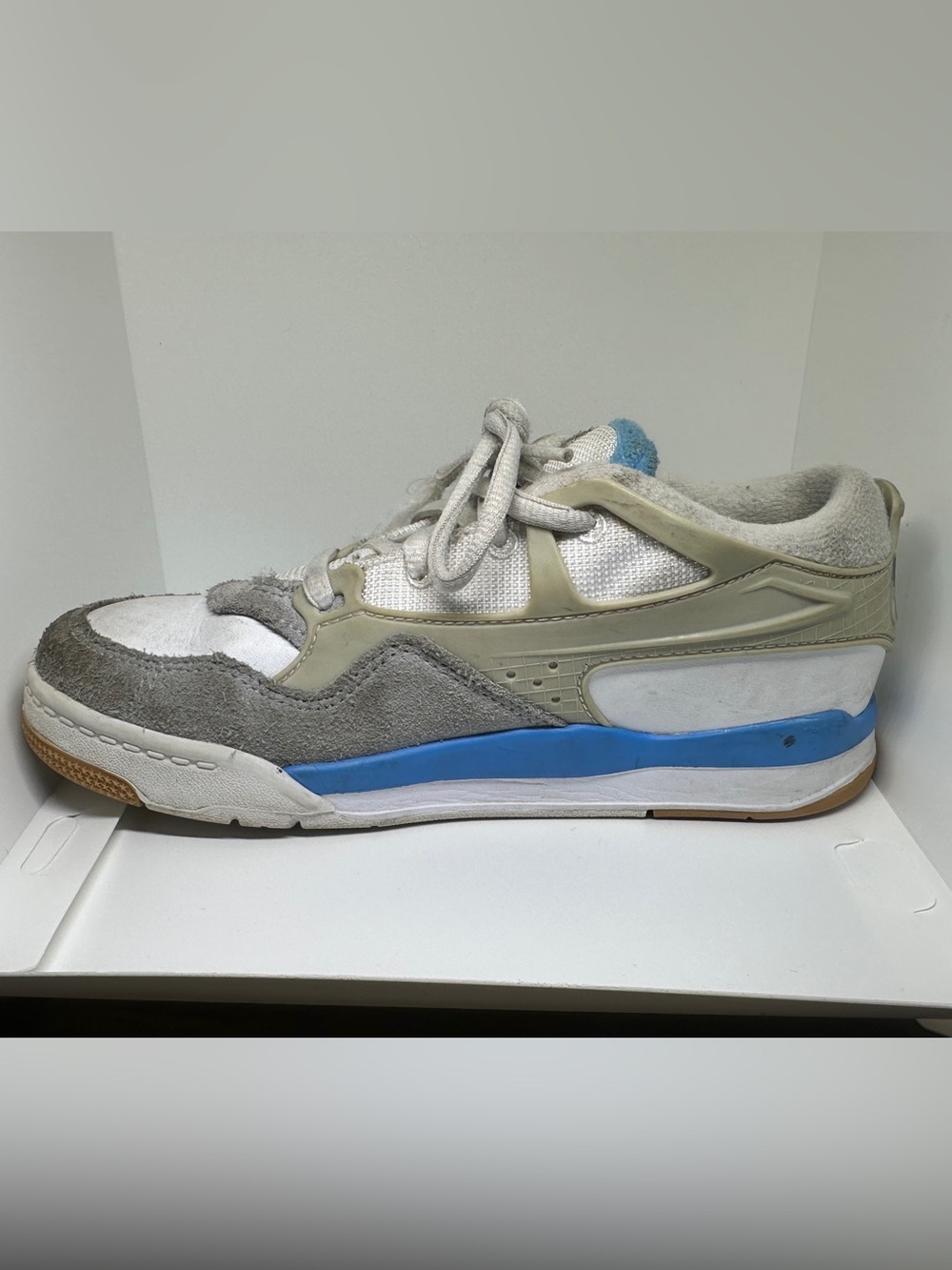Nike Jordan Kids White and Gray Sneakers with Blue Midsole